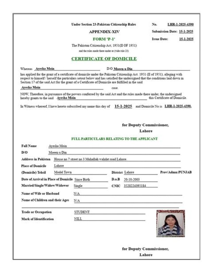 Where is domicile certificate made in lahore?