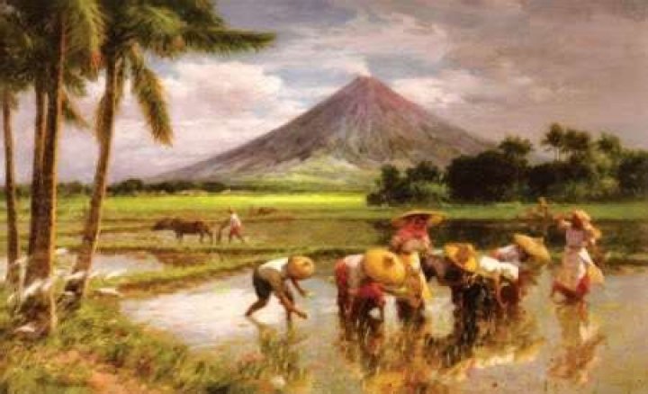Who painted the planting rice with mayon volcano?